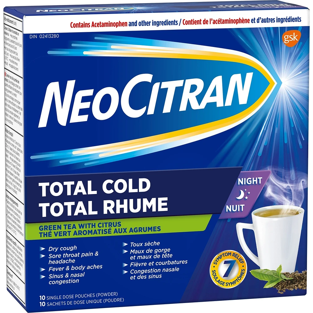 NeoCitran Total Cold Night Citrus Infusions with Green Tea Extract, 10 pack