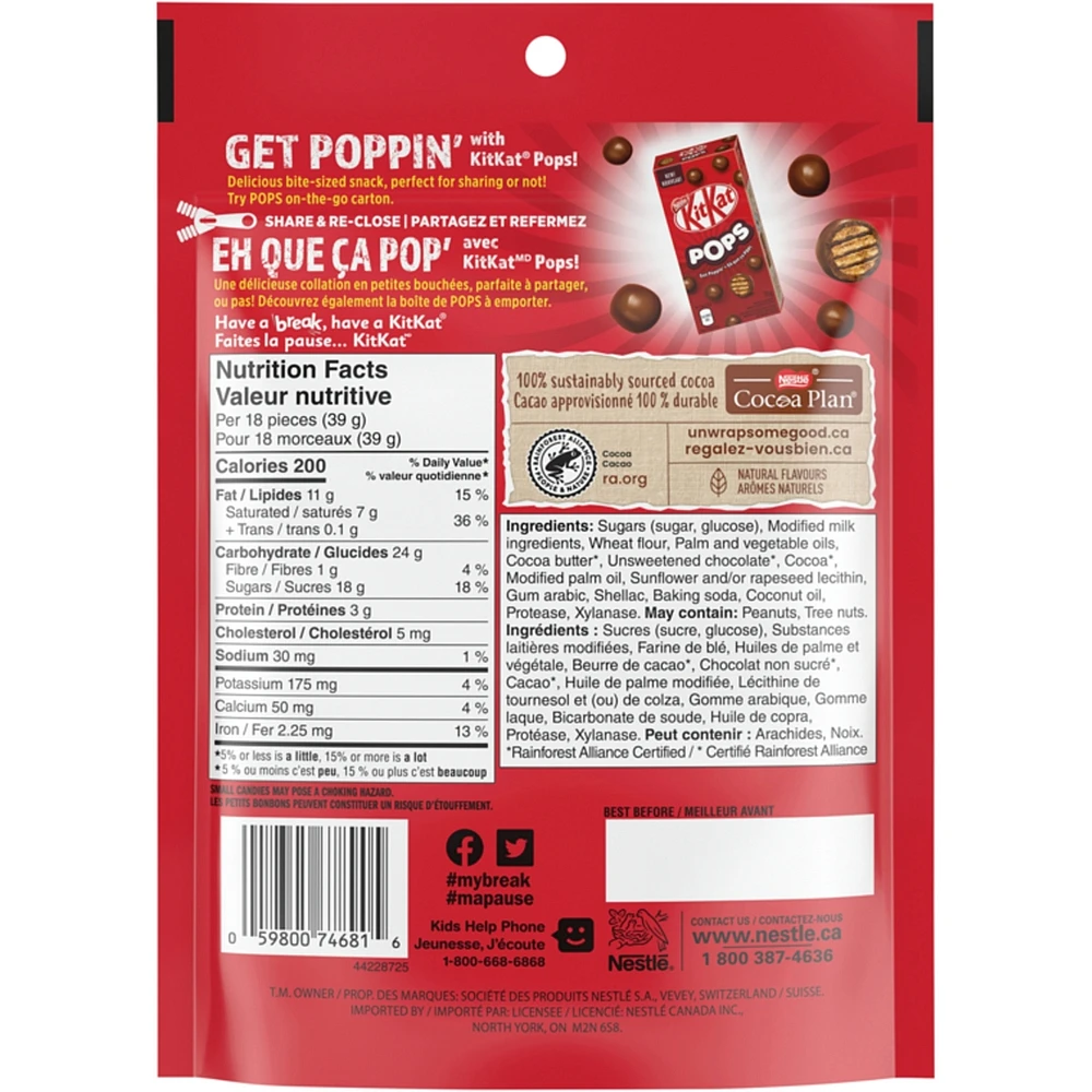 Pops Collations Au Chocolat Au Lait Sac de KitKat