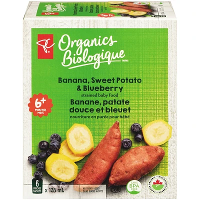 Banana, sweet potato, blueberry pouch
