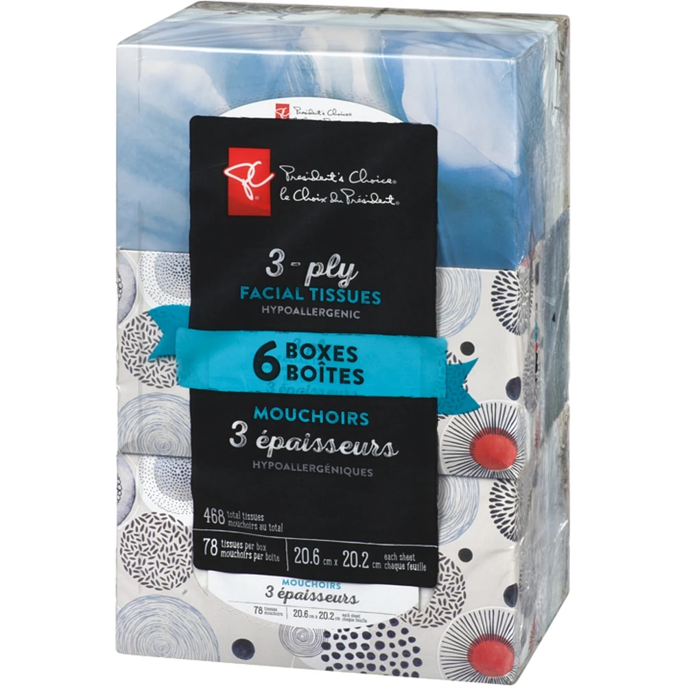 3-Ply Hypoallergenic Facial Tissues, 6 Boxes, 78 Sheets Each
