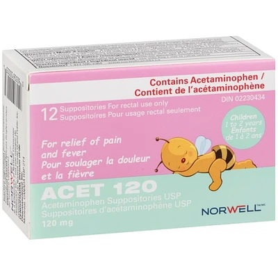 ACET Suppository for Fever & Pain 120mg - Fever Reducer Suppositories for Children (1-2 Years) - Comfortable & Safe Acetaminophen Suppository - For Rectal Use Only