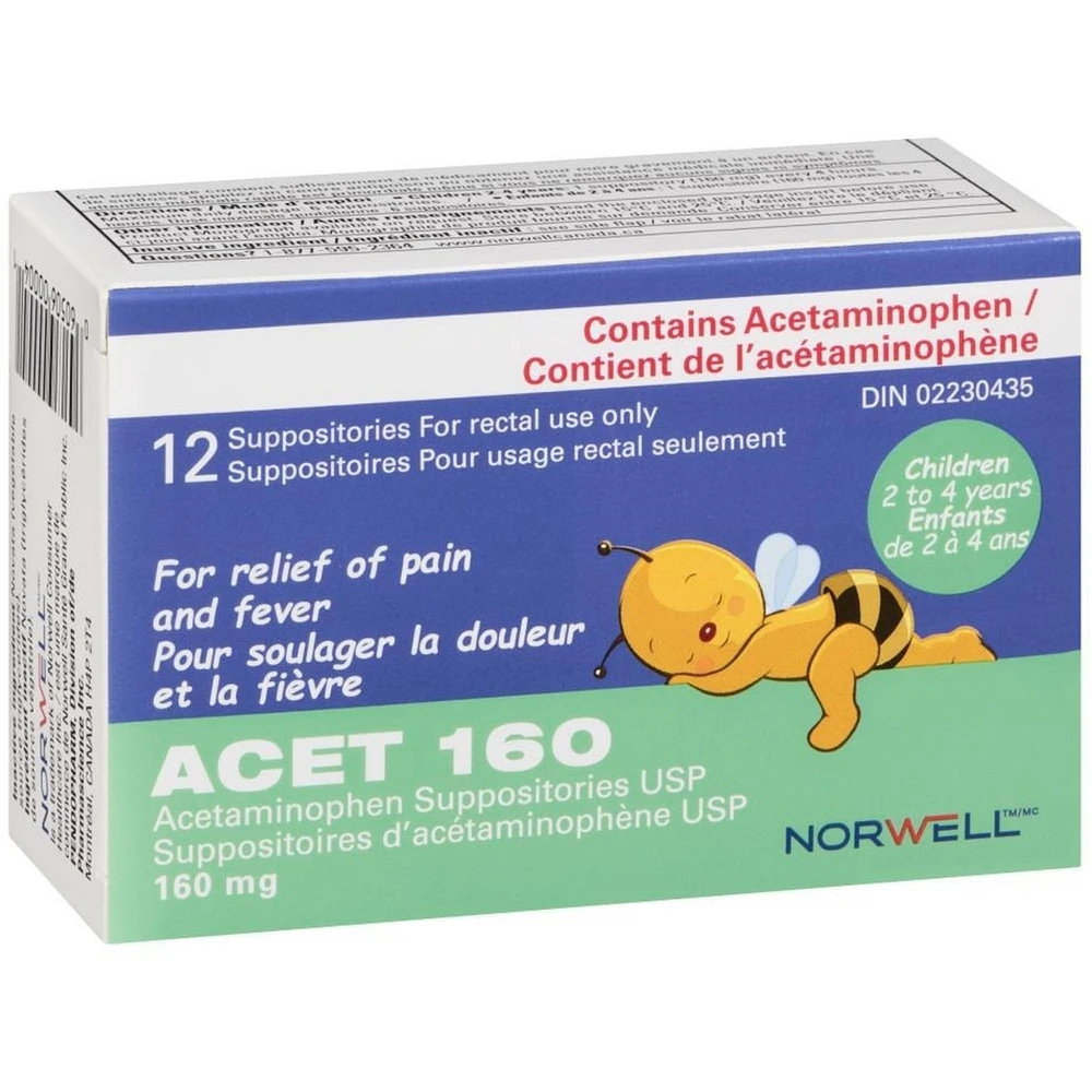 Suppositoire ACET pour la fièvre et la douleur 160mg - Suppositoires contre la fièvre pour enfants (2-4 ans) - Suppositoires d'acétaminophène confortable et sûr - Pour utilisation rectale seulement