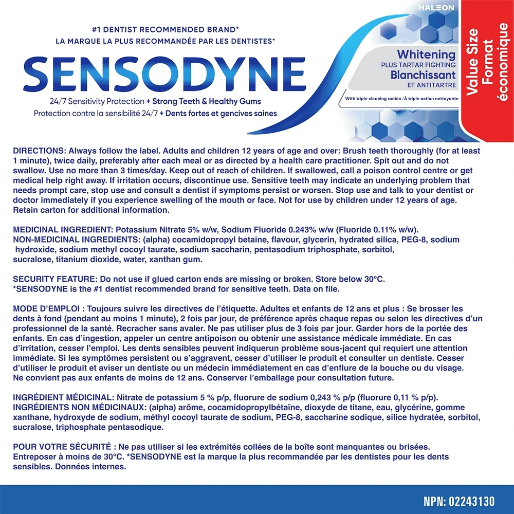 SENSODYNE Whitening plus Tartar Fighting Daily Sensitivity Toothpaste, Mint 75ml