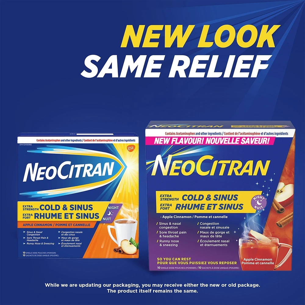 Neocitran Extra Strength Cold & Sinus Apple Cinnamon flavour hot liquid 10 pack