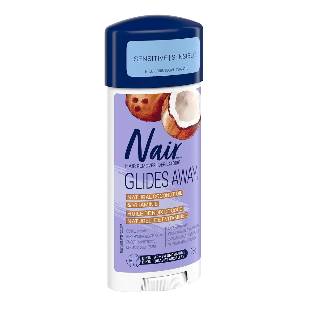 Dépilatoire Glides Away formule sensible pour le bikini, les bras et les aisselles avec de l’huile de noix de coco naturelle à 100 % plus de la vitamine E