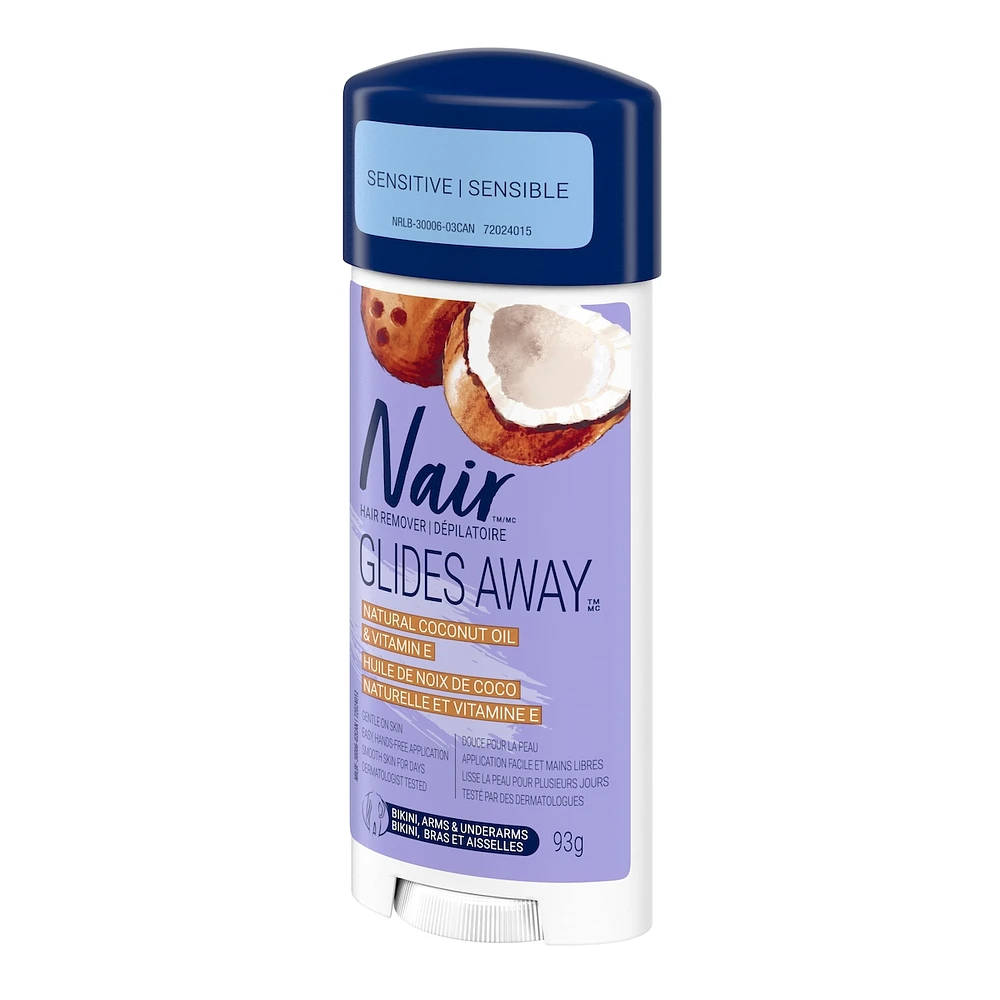 Dépilatoire Glides Away formule sensible pour le bikini, les bras et les aisselles avec de l’huile de noix de coco naturelle à 100 % plus de la vitamine E