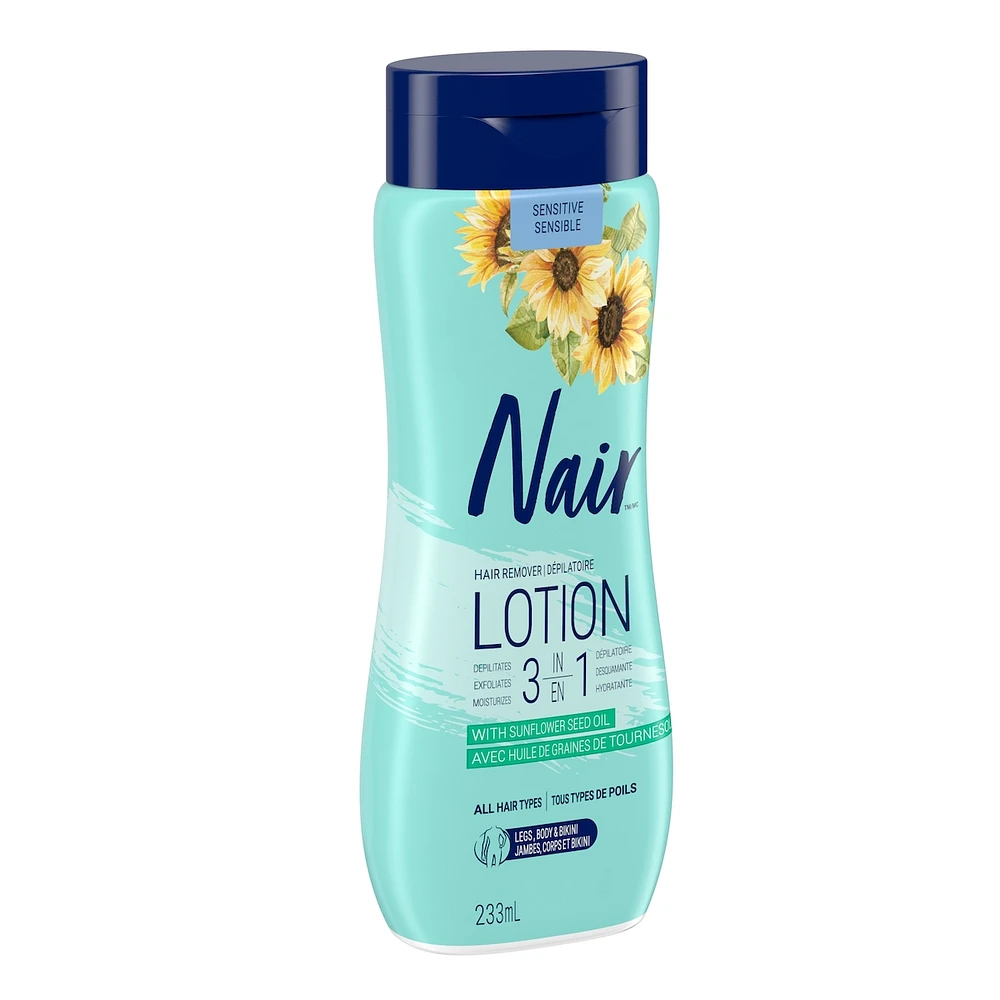 Nair 3-in-1 Hair Removal Lotion for Sensitive Skin with Sunflower Seed Oil and Green Tea Extract, 233 mL
