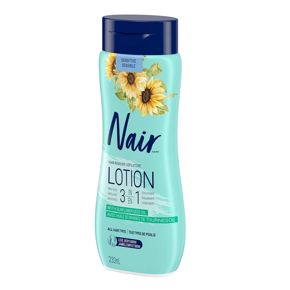 Nair 3-in-1 Hair Removal Lotion for Sensitive Skin with Sunflower Seed Oil and Green Tea Extract, 233 mL
