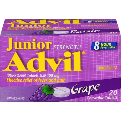 Junior Strength Advil Pain Reliever and Fever Reducer Ibuprofen Chewable Tablets, Grape