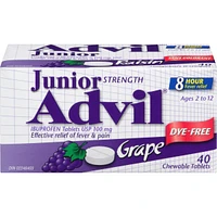 Junior Strength Advil Pain Reliever and Fever Reducer Ibuprofen Chewable Tablets, Dye Free, Grape, 40 Count