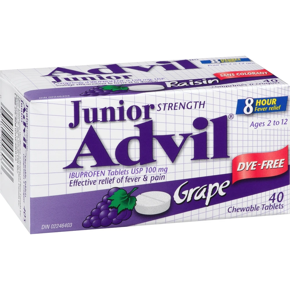 Junior Strength Advil Pain Reliever and Fever Reducer Ibuprofen Chewable Tablets, Dye Free, Grape, 40 Count