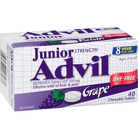 Junior Strength Advil Pain Reliever and Fever Reducer Ibuprofen Chewable Tablets, Dye Free, Grape, 40 Count