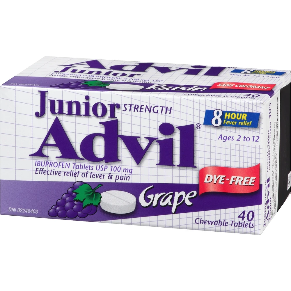 Junior Strength Advil Pain Reliever and Fever Reducer Ibuprofen Chewable Tablets, Dye Free, Grape, 40 Count