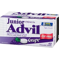 Junior Strength Advil Pain Reliever and Fever Reducer Ibuprofen Chewable Tablets, Dye Free, Grape, 40 Count