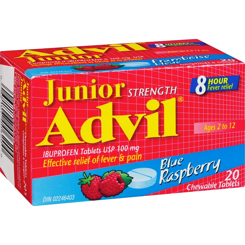 Junior Strength Advil Pain Reliever and Fever Reducer Ibuprofen Chewable Tablets, Blue Raspberry