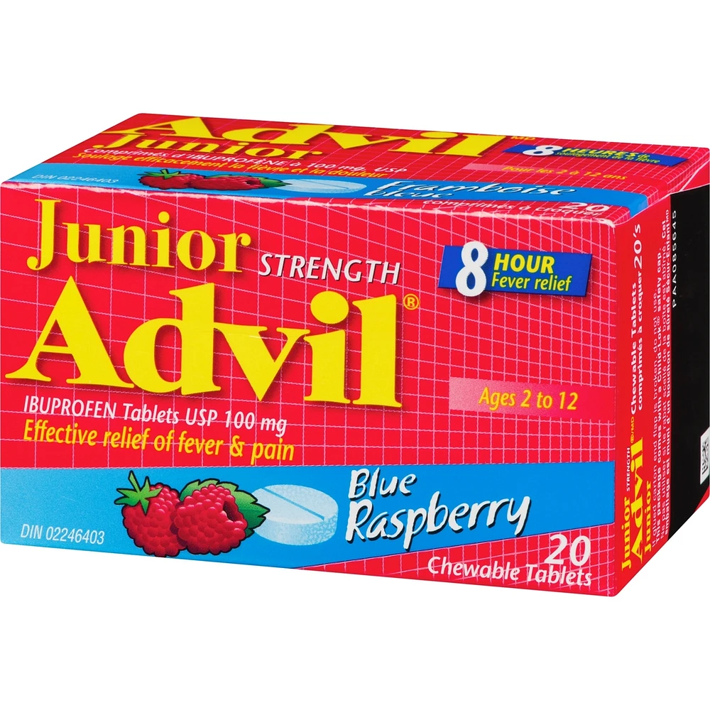 Junior Strength Advil Pain Reliever and Fever Reducer Ibuprofen Chewable Tablets, Blue Raspberry