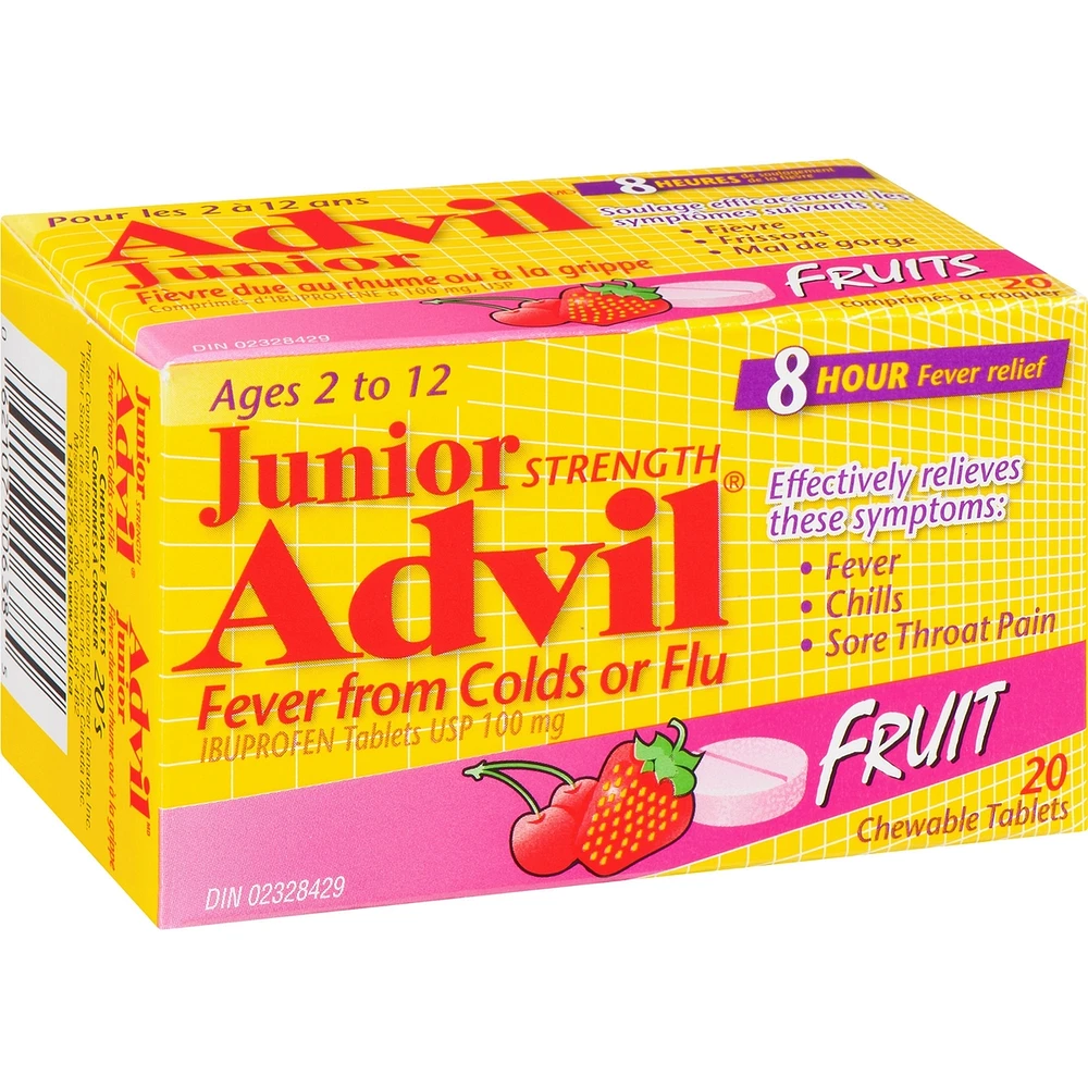 Junior Strength Advil Fever Relief from Colds or Flu Ibuprofen Chewable Tablets, Fruit, 20 Count