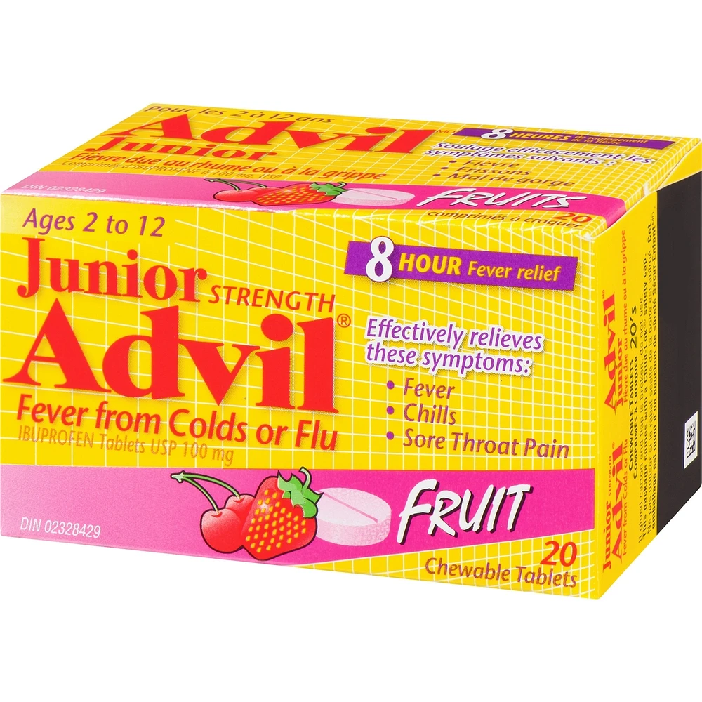 Junior Strength Advil Fever Relief from Colds or Flu Ibuprofen Chewable Tablets, Fruit, 20 Count