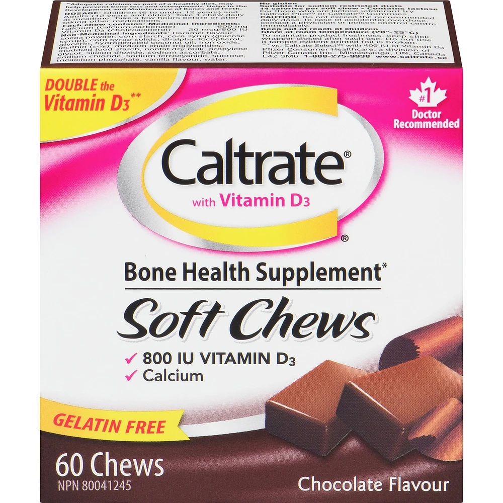 Caltrate Calcium & Vitamin D3 Bone Health Supplement Soft Chews, Chocolate, 60 Count
