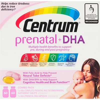 Centrum Prenatal+DHA Multivitamin Supplement with DHA/EPA Omega 3 Combo Pack, 120 Total Count