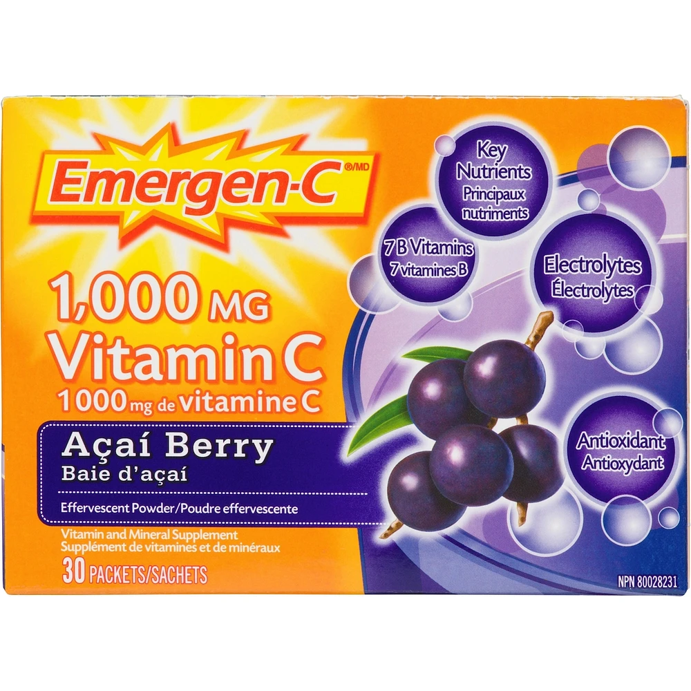 Emergen-C Vitamin C & Mineral Supplement Fizzy Drink Mix, Acai Berry, 30 Packets