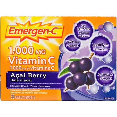 Emergen-C Vitamin C & Mineral Supplement Fizzy Drink Mix, Acai Berry, 30 Packets