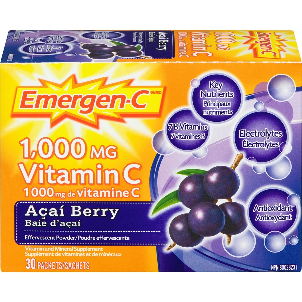 Emergen-C Vitamin C & Mineral Supplement Fizzy Drink Mix, Acai Berry, 30 Packets