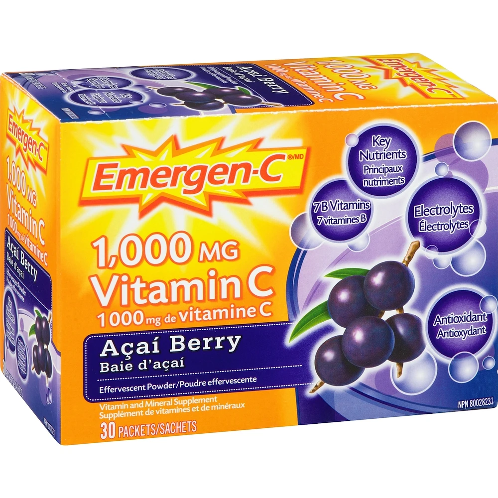 Emergen-C Vitamin C & Mineral Supplement Fizzy Drink Mix, Acai Berry, 30 Packets