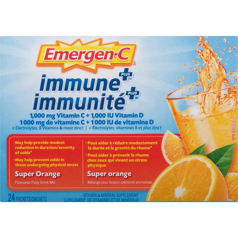 Emergen-C Immune+ Vitamin C & Mineral Supplement Fizzy Drink Mix, Super Orange