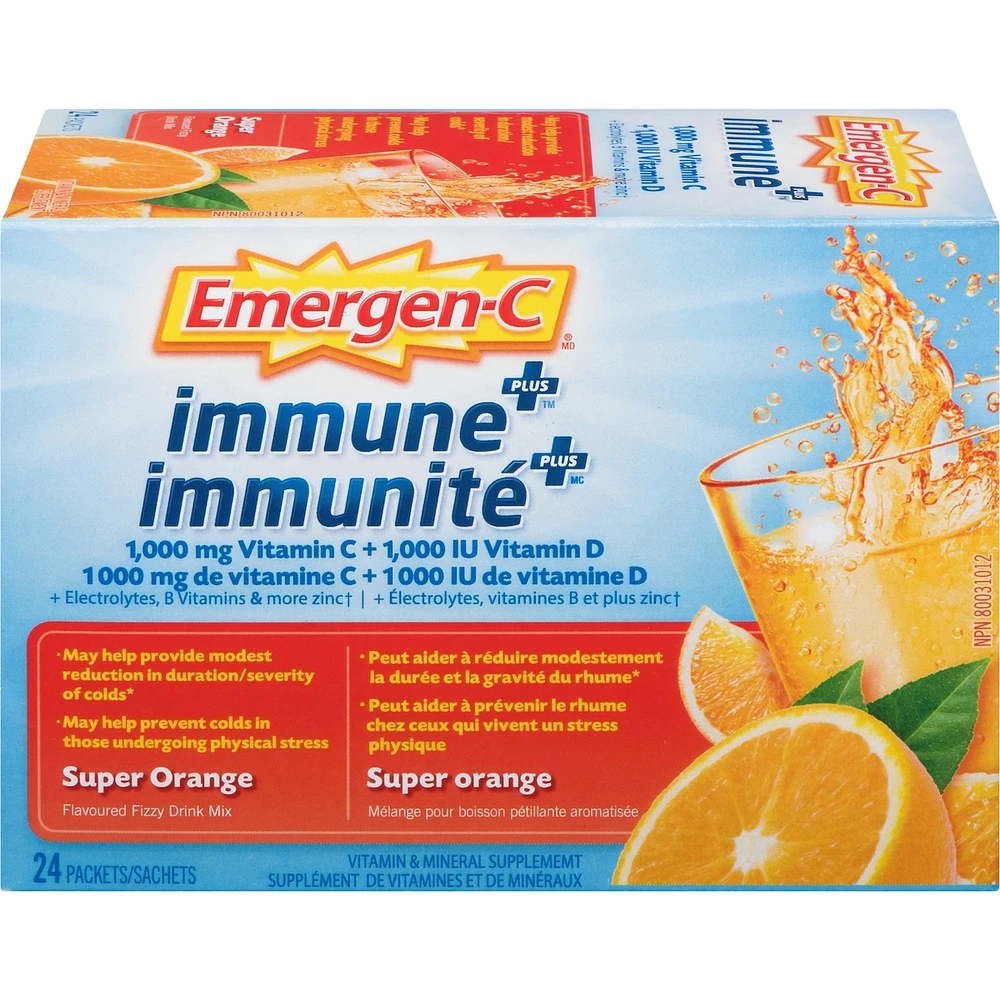 Emergen-C Immune+ Vitamin C & Mineral Supplement Fizzy Drink Mix, Super Orange