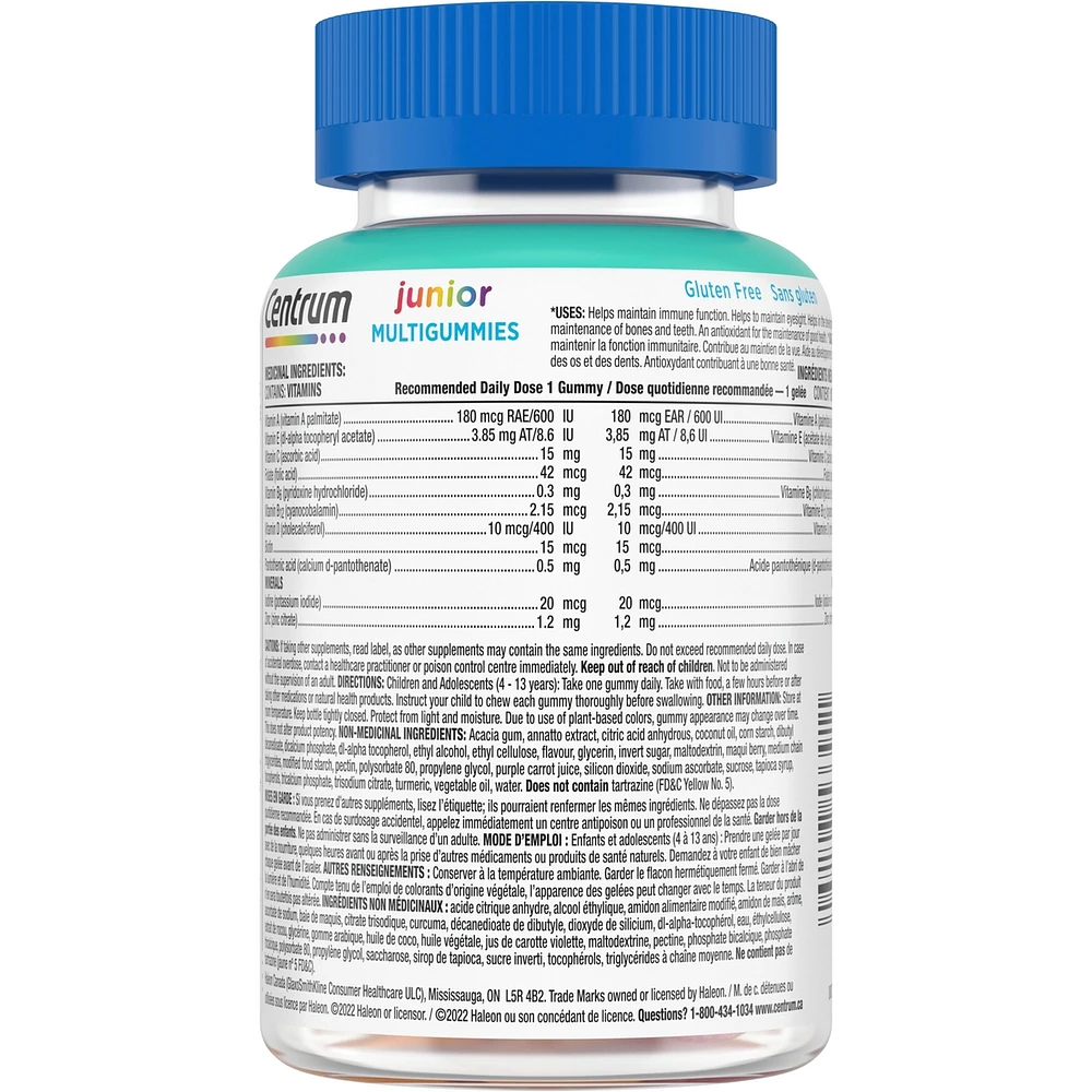 Junior MultiGummies Tropical Fruit Multivitamin and Multimineral Supplement, Pineapple-Mango, Dragonfruit, and Passionfruit Flavours
