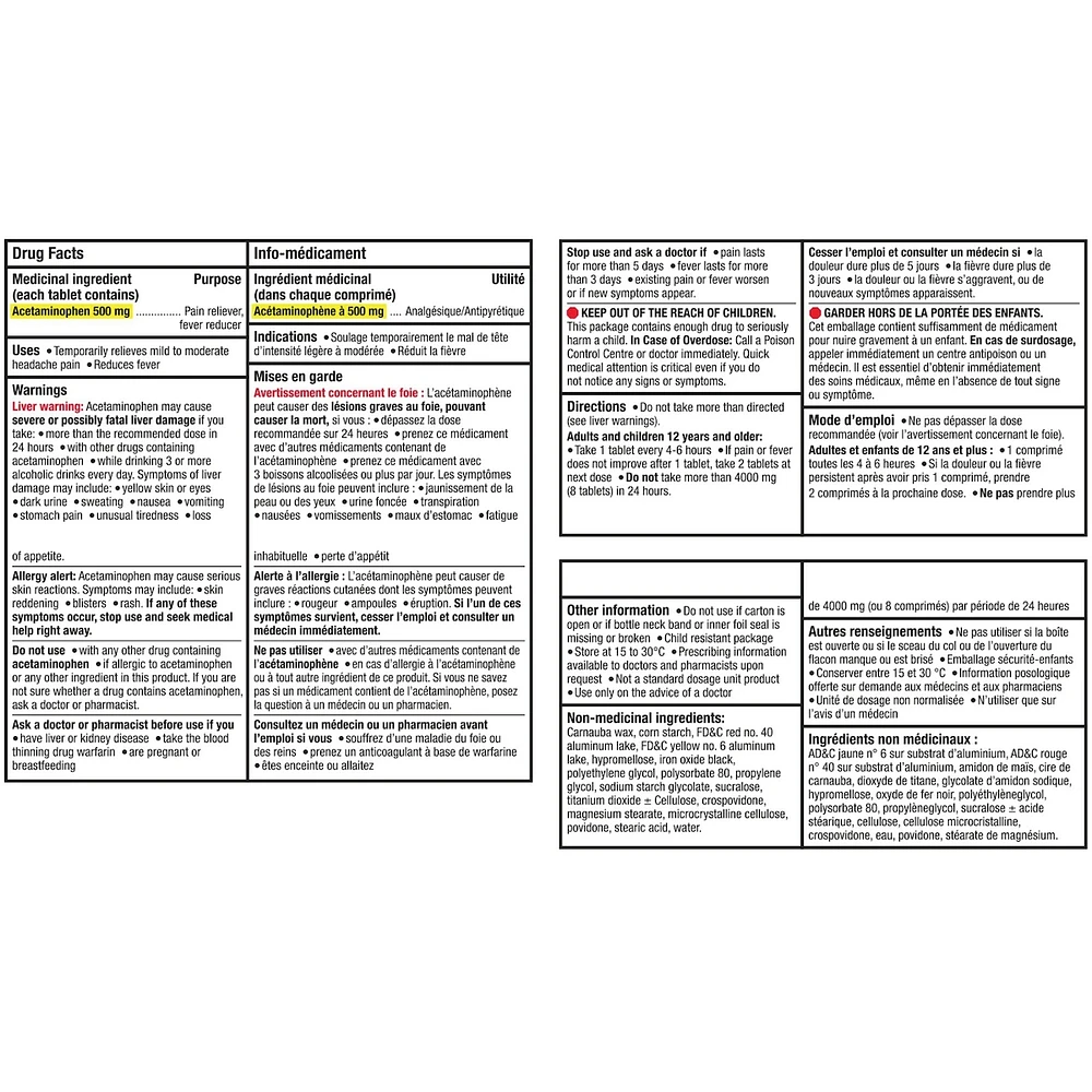 Acétaminophène à 500 mg, analgésique, extra fort