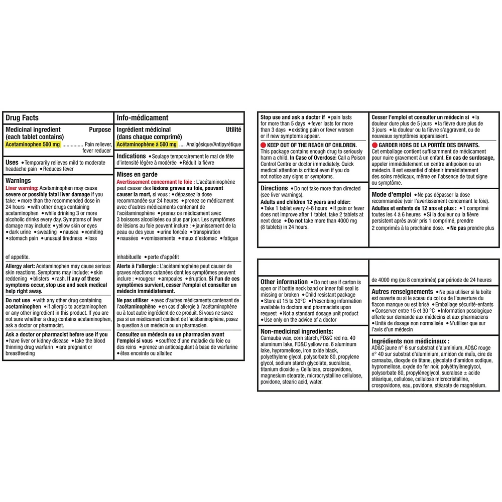 Acétaminophène à 500 mg, analgésique, extra fort