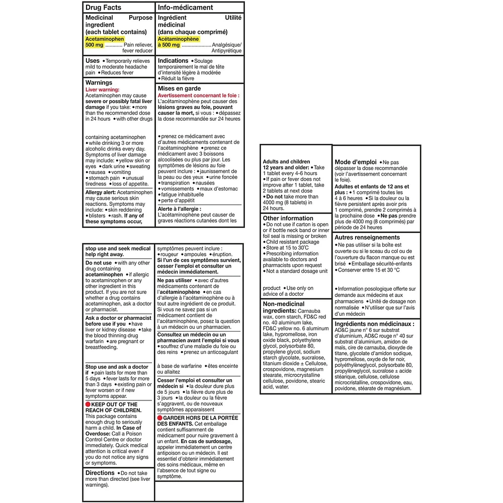Acétaminophène à 500 mg, extra fort, comprimés FaciliT