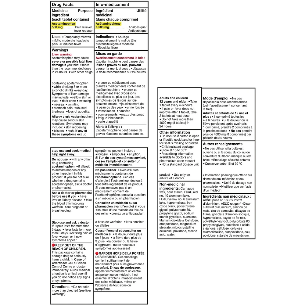 Acétaminophène à 500 mg, extra fort, comprimés FaciliT