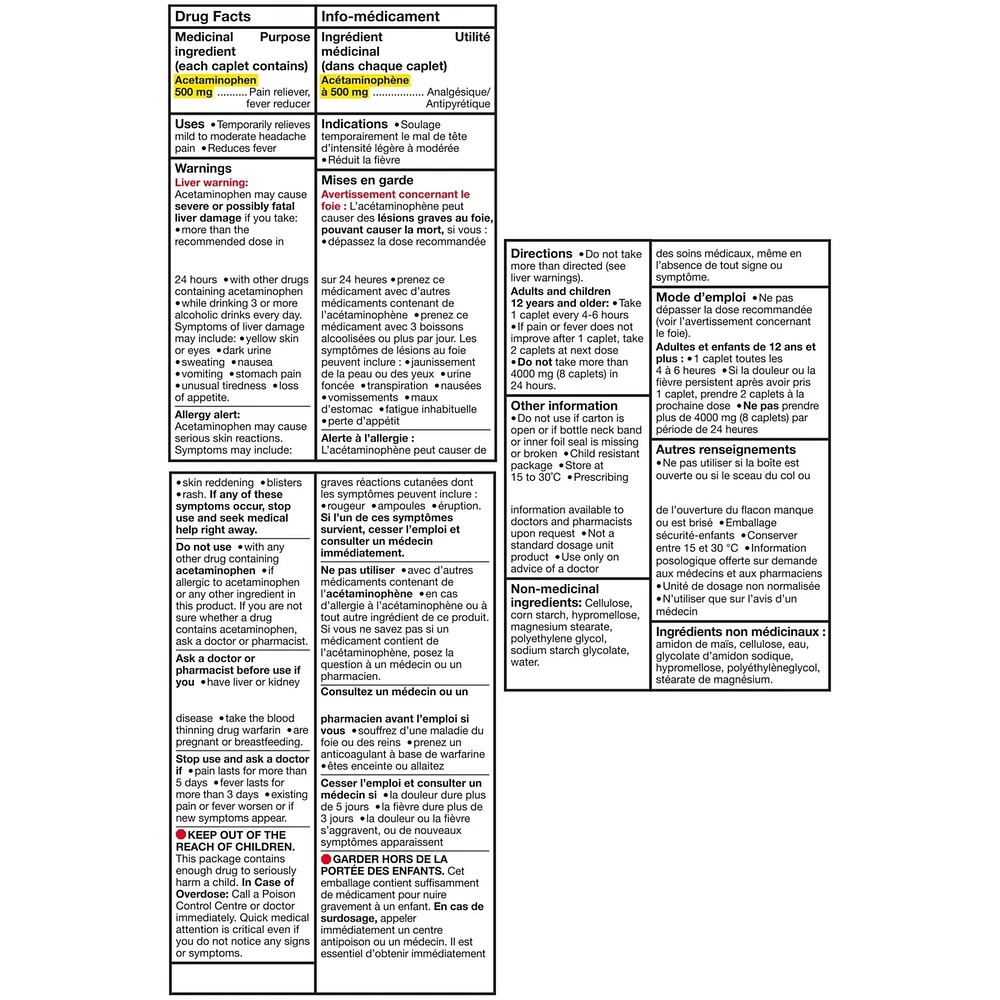 Acétaminophène à 500 mg, extra fort, caplets