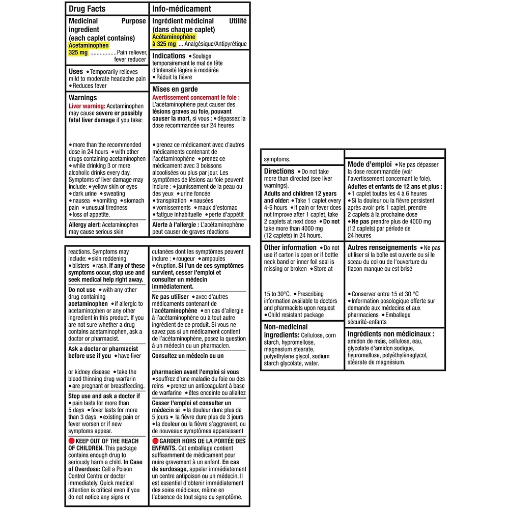 Acétaminophène à 325 mg, analgésique, régulier