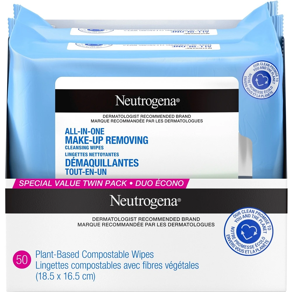 All In one makeup Remover fragrance free Facial Cleansing Wipes, Plant Based and Compostable, Special Value Twin Pack