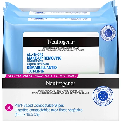 All In one makeup Remover fragrance free Facial Cleansing Wipes, Plant Based and Compostable, Special Value Twin Pack