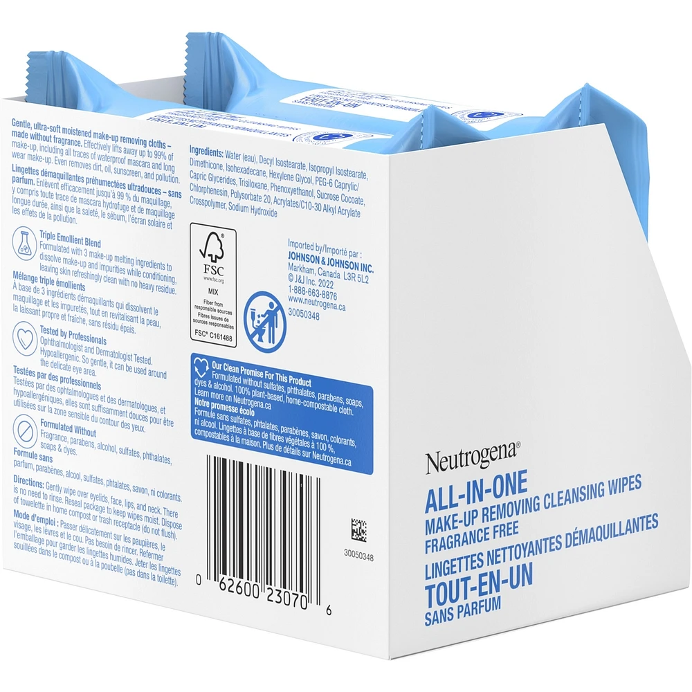 All In one makeup Remover fragrance free Facial Cleansing Wipes, Plant Based and Compostable, Special Value Twin Pack