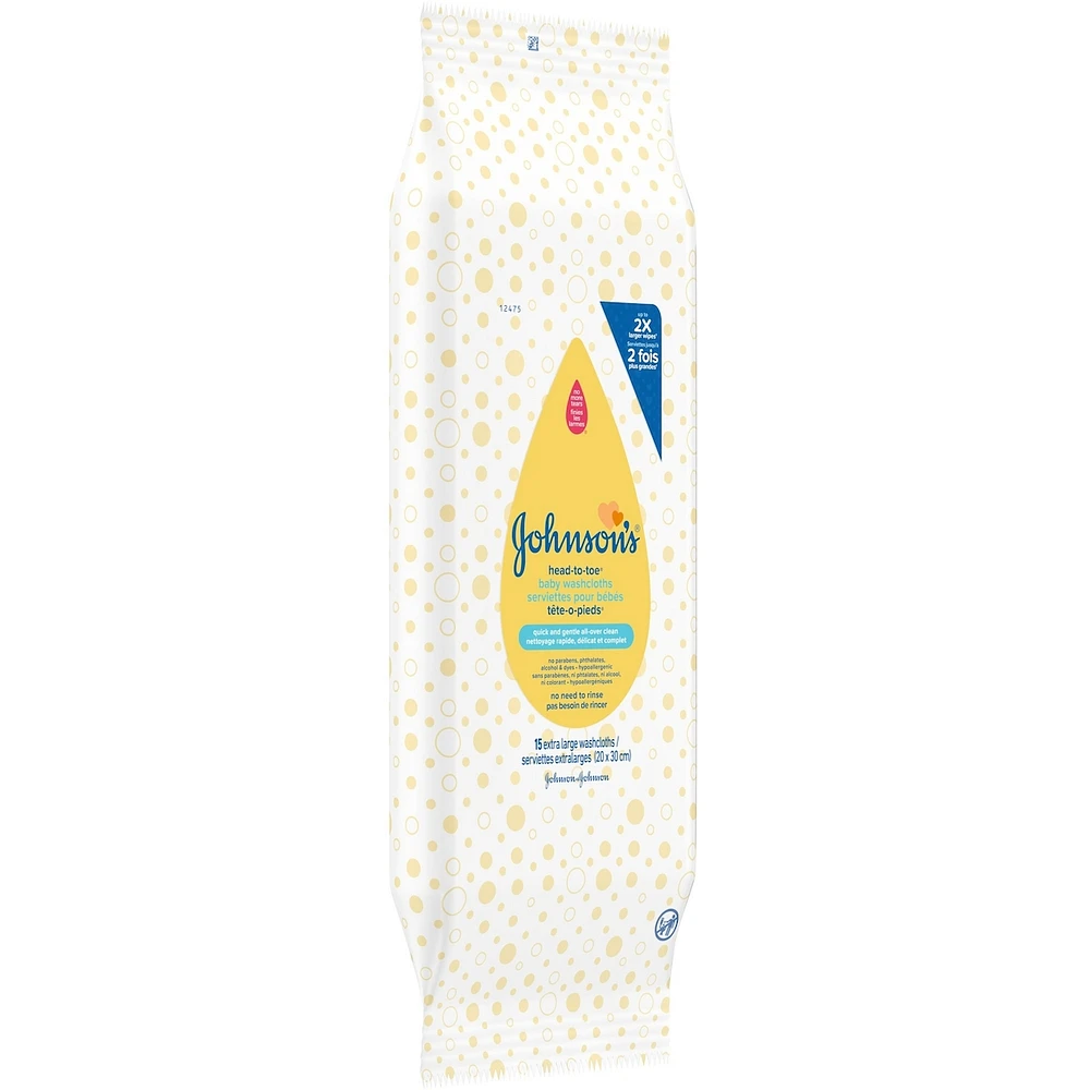 Johnson's Baby Cleansing Wipes, Sensitive Head-to-Toe Cloths, 15 cloths