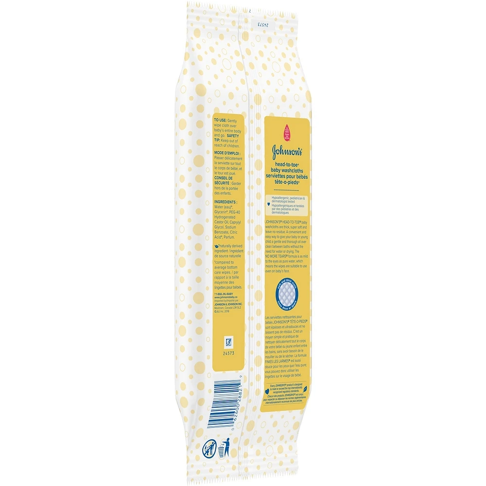 Johnson's Baby Cleansing Wipes, Sensitive Head-to-Toe Cloths, 15 cloths
