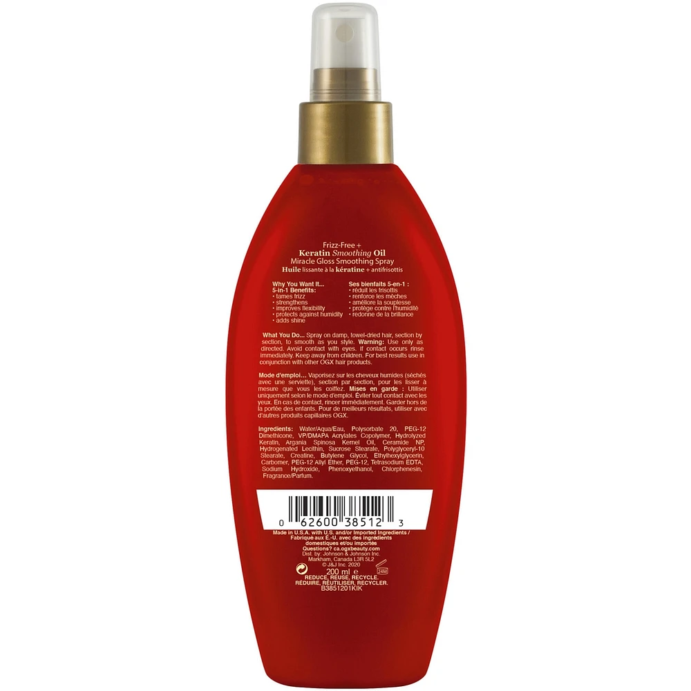 Frizz-Free + Keratin Smoothing Oil Miracle Gloss Spray, 5 in 1, De-frizz Hair, Shiny Hair, Keratin, Argan Oil