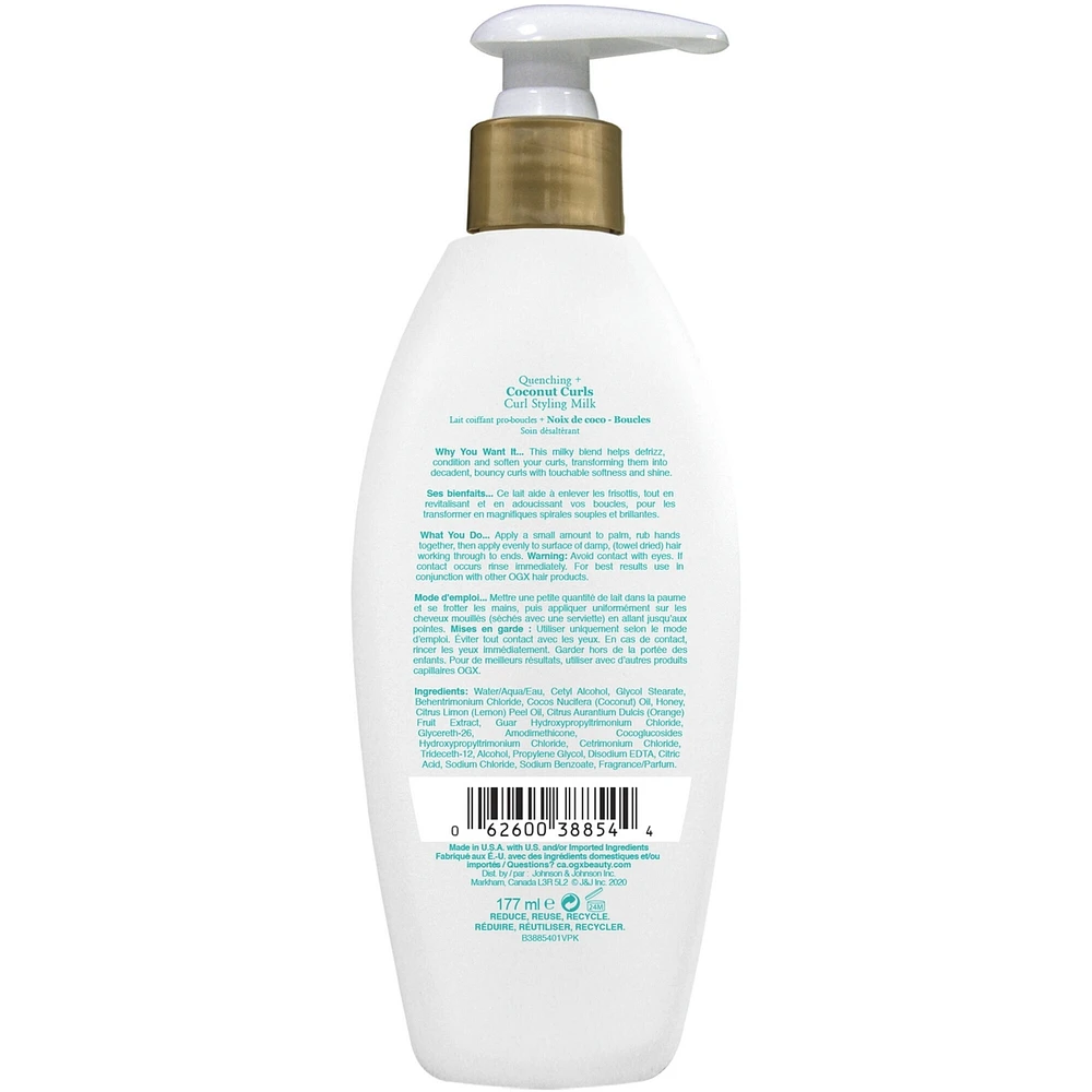 Quenching + Coconut Curls Frizz-Defying Curl Styling Milk, Nourishing Leave-In Hair Treatment with Coconut Oil, Citrus Oil & Honey, Paraben-Free and Sulfated-Surfactants Free