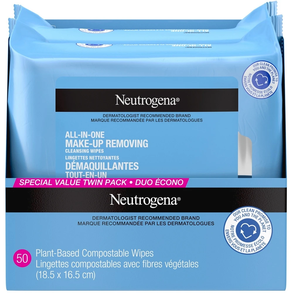 All In one Makeup Remover Facial Cleansing Wipes, Plant Based and  Compostable, Special Value Twin Pack