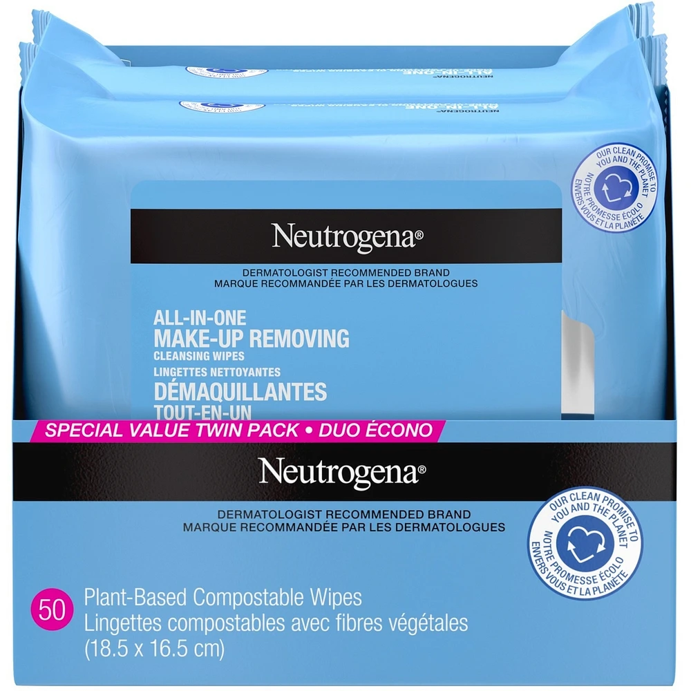 All In one Makeup Remover Facial Cleansing Wipes, Plant Based and Compostable, Special Value Twin Pack