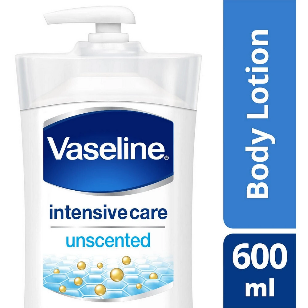 Vaseline Intensive Care Body Lotion for sensitive and dry skin Advanced Repair unscented, moisturizing body cream 600 ml