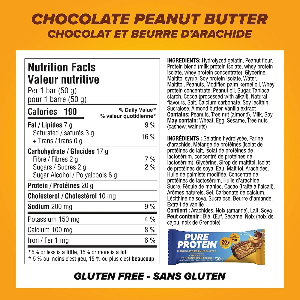 Pure Protein Bars, Chocolate Peanut Butter, Gluten Free Snack Bars