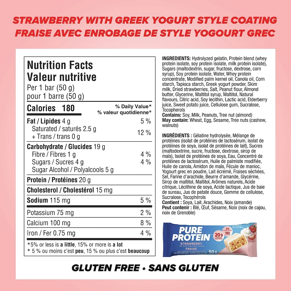 Pure Protein Bars, Strawberry with Greek Yogurt Style Coating,Gluten Free Snack Bar