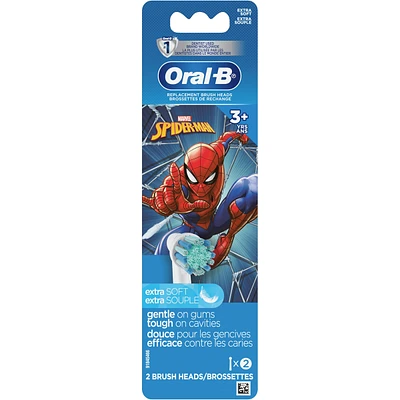 Oral-B Kids Extra Soft Replacement Brush Heads featuring Marvel's Spiderman, 2 count